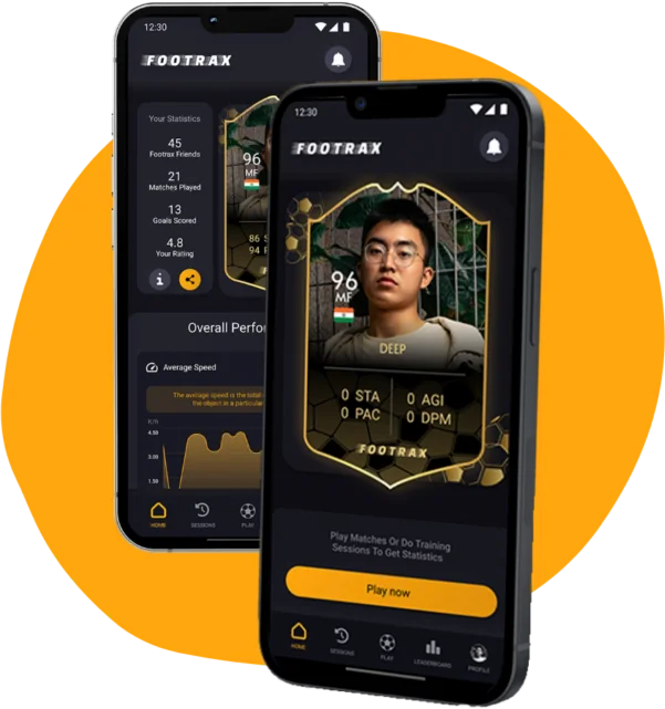 Two phones showing the Footrax app: a player card and performance charts