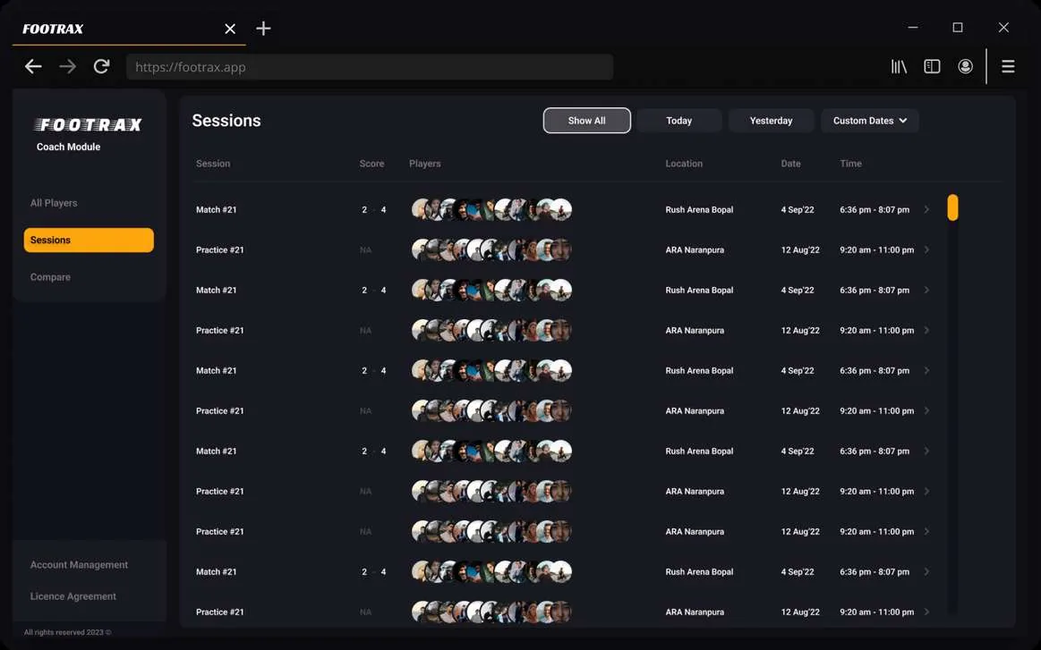 Footrax coach module: list of sessions